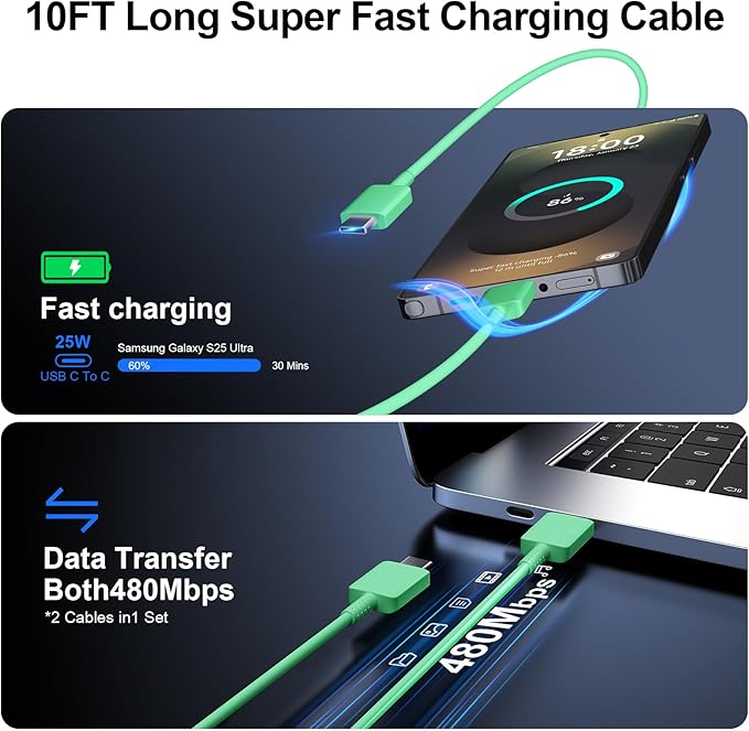 Super Fast Charger Type C, 25W USB C Wall Charger Fast Charging for Samsung Galaxy S25 Ultra/S25/S25+/S24+/S24 Ultra/S24/S24+/S23 Ultra/S22 Ultra/S21 Ultra with 10FT Long Type C Charger Cable 2Pack