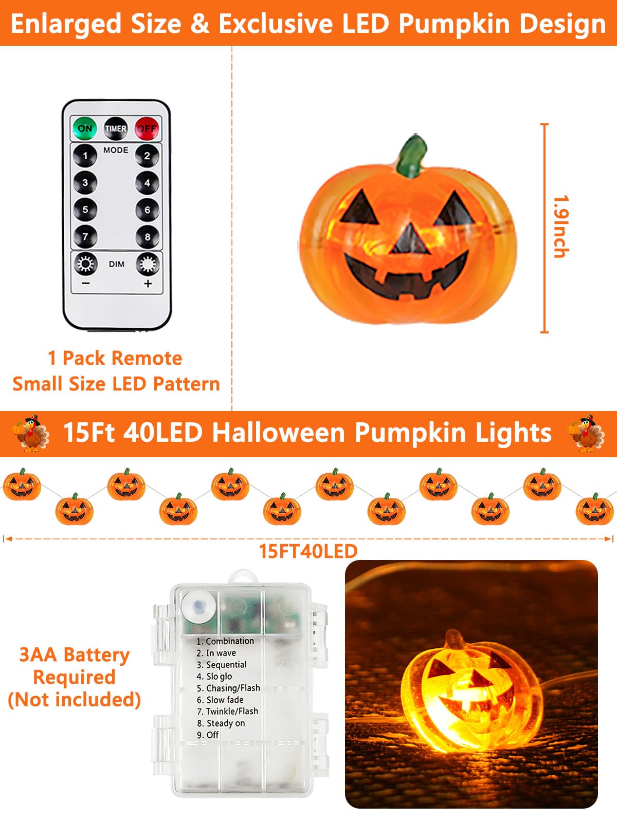 Halloween Fairy Lights Battery Operated 15Ft 40Led Orange Pumpkin String Lights 8 Modes With Remote  Warerproof Twinkle Lights With Timer For Indoor And Outdoor Halloween Decorations For Party Holiday