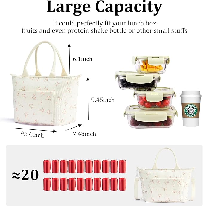 Lunch Bag for Women Adult Large Insulated Lunch Box Girl Cute Corduroy Lunch Tote Bags Reusable Leakproof Cooler Work Picnic