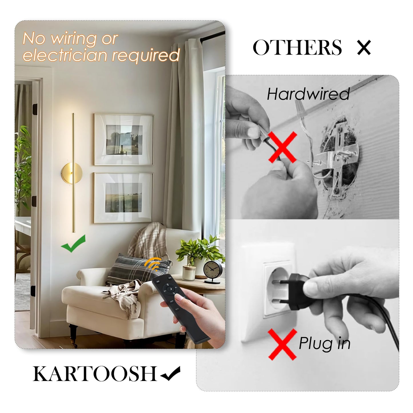 KARTOOSH Removable Battery Operated Wall Sconces, 350° Rotate, LED, 3 Color Temperatures, 24.4 Inch, Gold, Model ZM326BGD