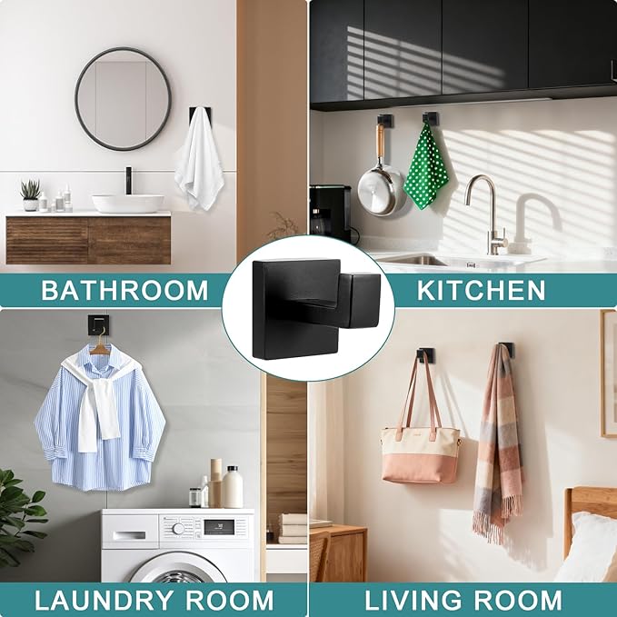 4 Pack Black Towel Hook, Matte Black Stainless Steel Wall Hooks for Bathrooms, Heavy Duty, Square, Robe Hooks, for Bathroom, Kitchen, Bedroom