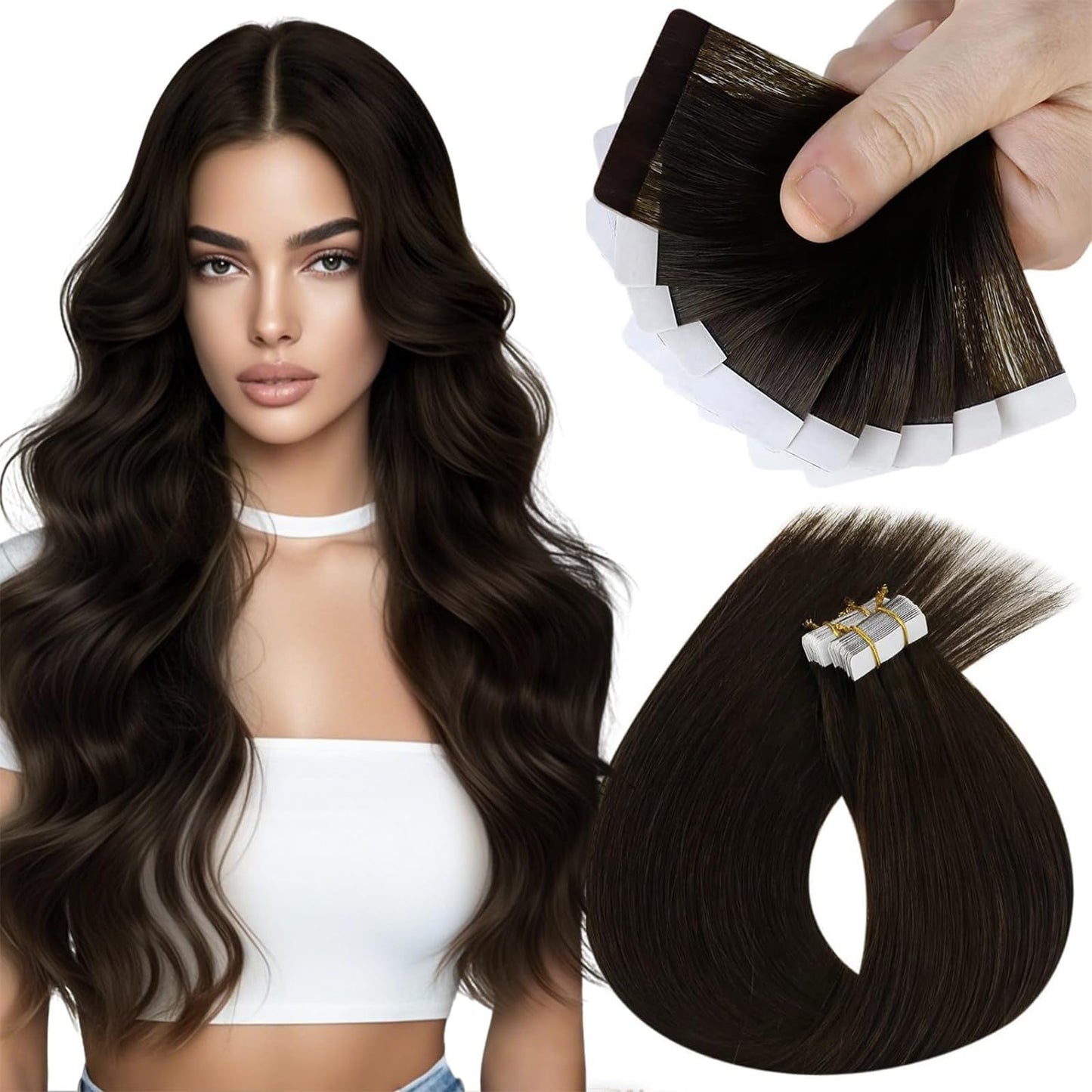 Sunny Hair Tape in Hair Extensions Real Human Hair Invisible Remy Hair Extensions Tape ins for Women Dark Brown 12 inch 20G