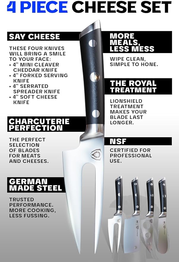 Dalstrong Charcuterie & Cheese Knife Set-4pc-Gladiator Series Elite-Mini Cleaver, Serrated,Round-Tip,Forked Cheese Knives Set-G10 Handle-Soft & Hard Cheese-Sheath-NSF Certified