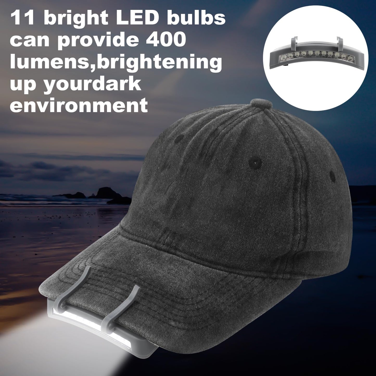 Mudder Hat Light Clip, 11 LED, Gray, Waterproof Headlamp, Model TS-Mudder-4838, Battery Powered, Ultra Bright Flashlight for Outdoor Activities