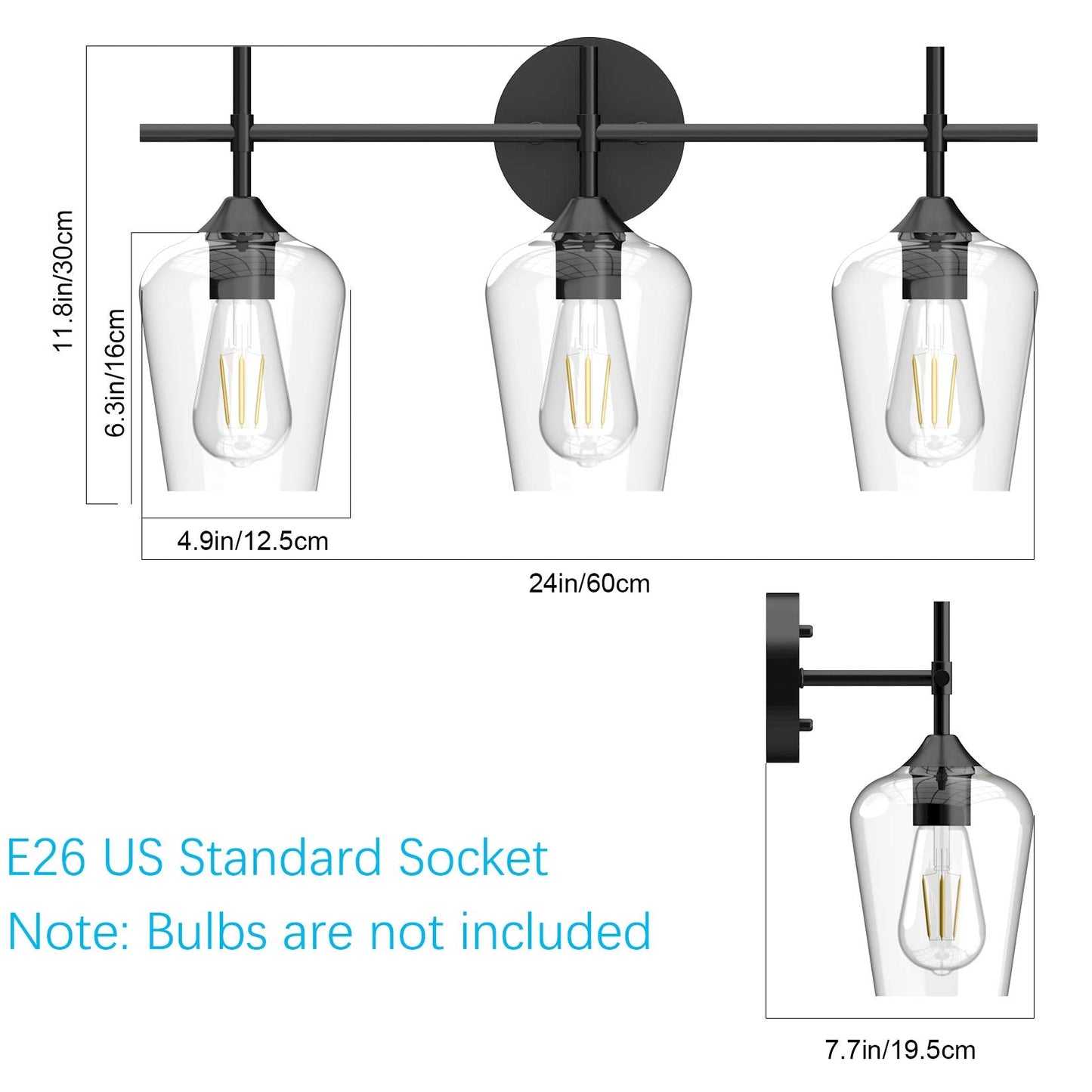 Ralbay Bathroom Vanity Light Fixture, 3-Light, Matte Black, Clear Glass, Vintage Edison Style, Model 2031