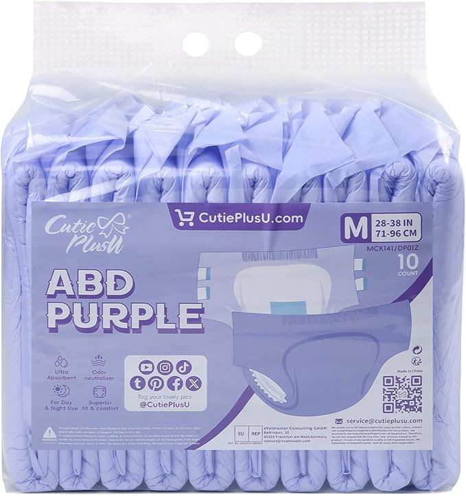 CutiePlusU Disposable Adult Diaper Heavy Absorption Dry Surface Adult Diapers All Night- Purple 10 Pieces (Medium 28"-38")