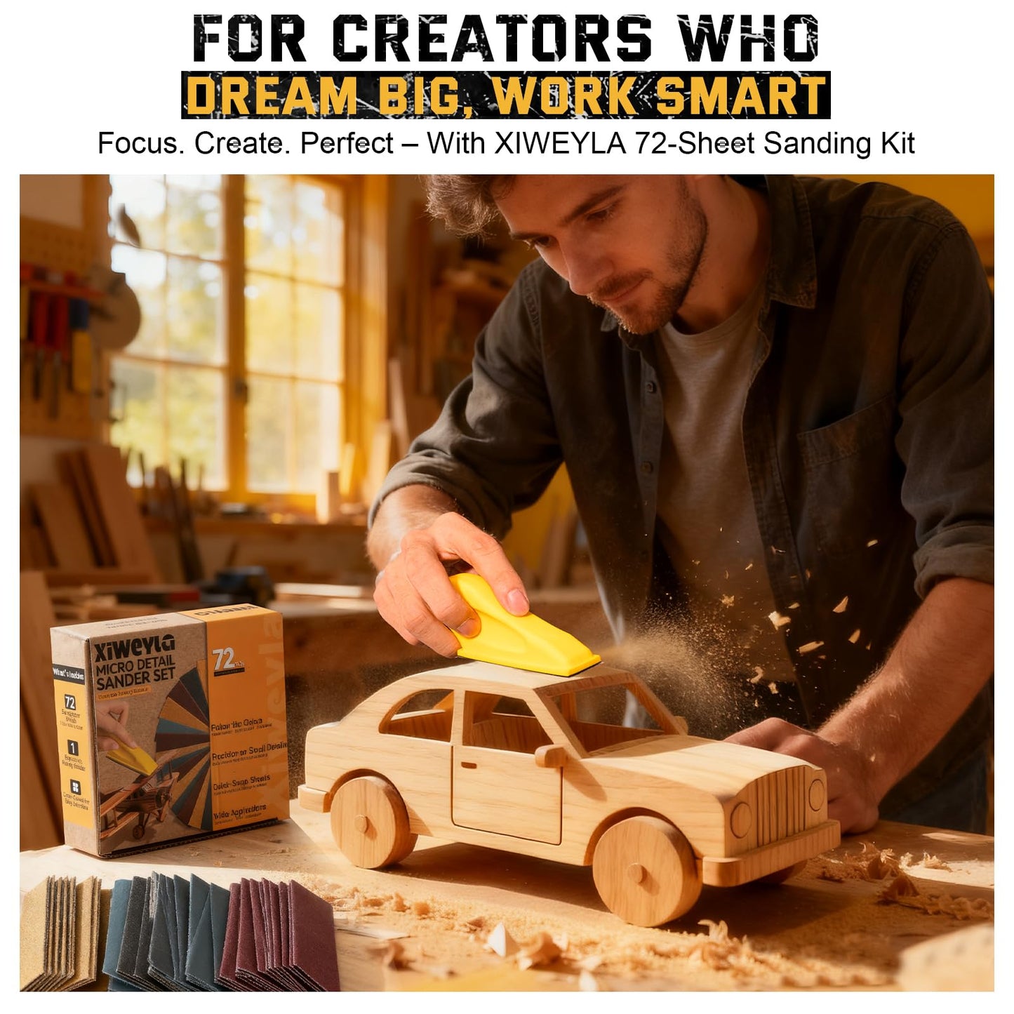 Christmas & Birthday Gift for DIY Lovers – XIWEYLA 72PCS Sandpaper Set with Ergonomic Hand Sander, Micro & Detail Sander, 13 Grit Levels 80–3000, Color-Coded Sandpaper for Wood, Crafts & Furniture