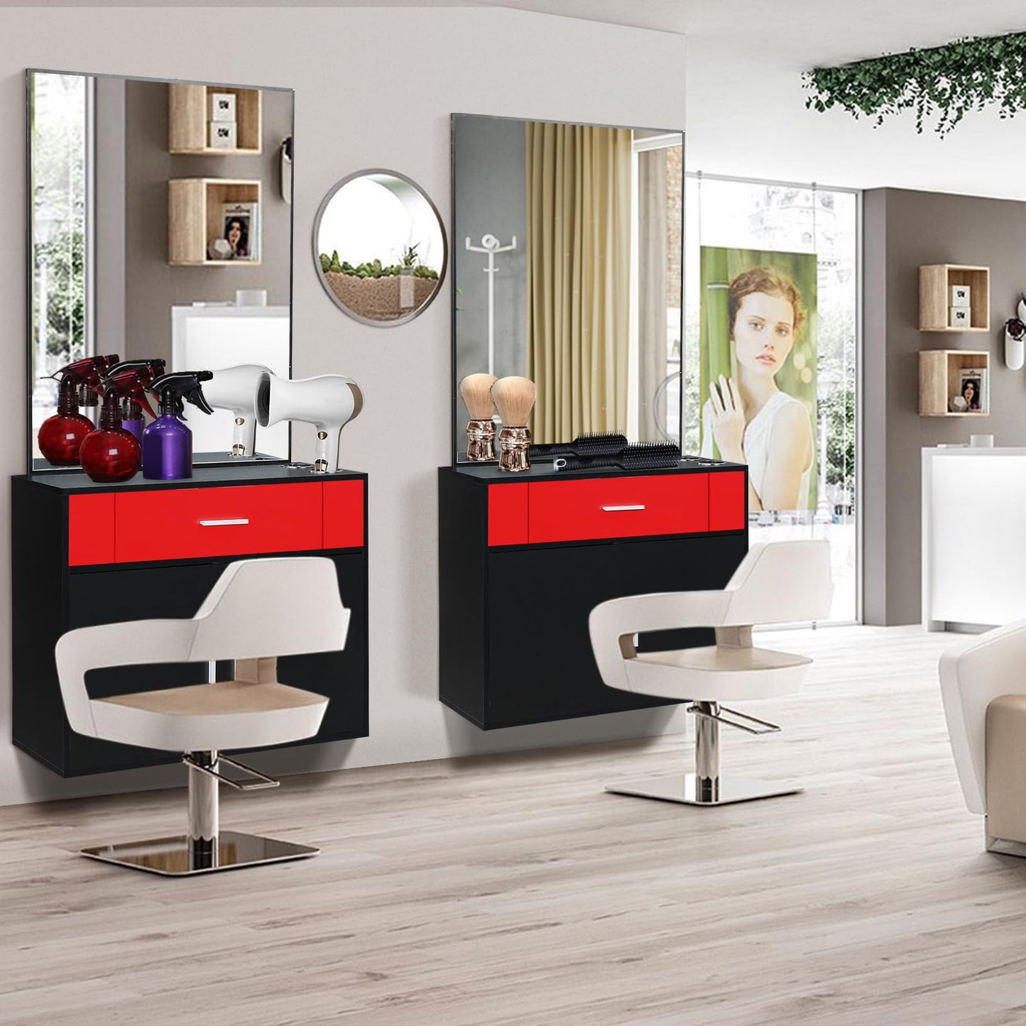 Black Salon Station Makeup Wall Mount Hair Styling Beauty Spa Equipment Set with Mirror Utility Drawer, Storage Cabinet Vanity Set with Mirror Make up Table Spa Beauty Styling Barber Station Equipment