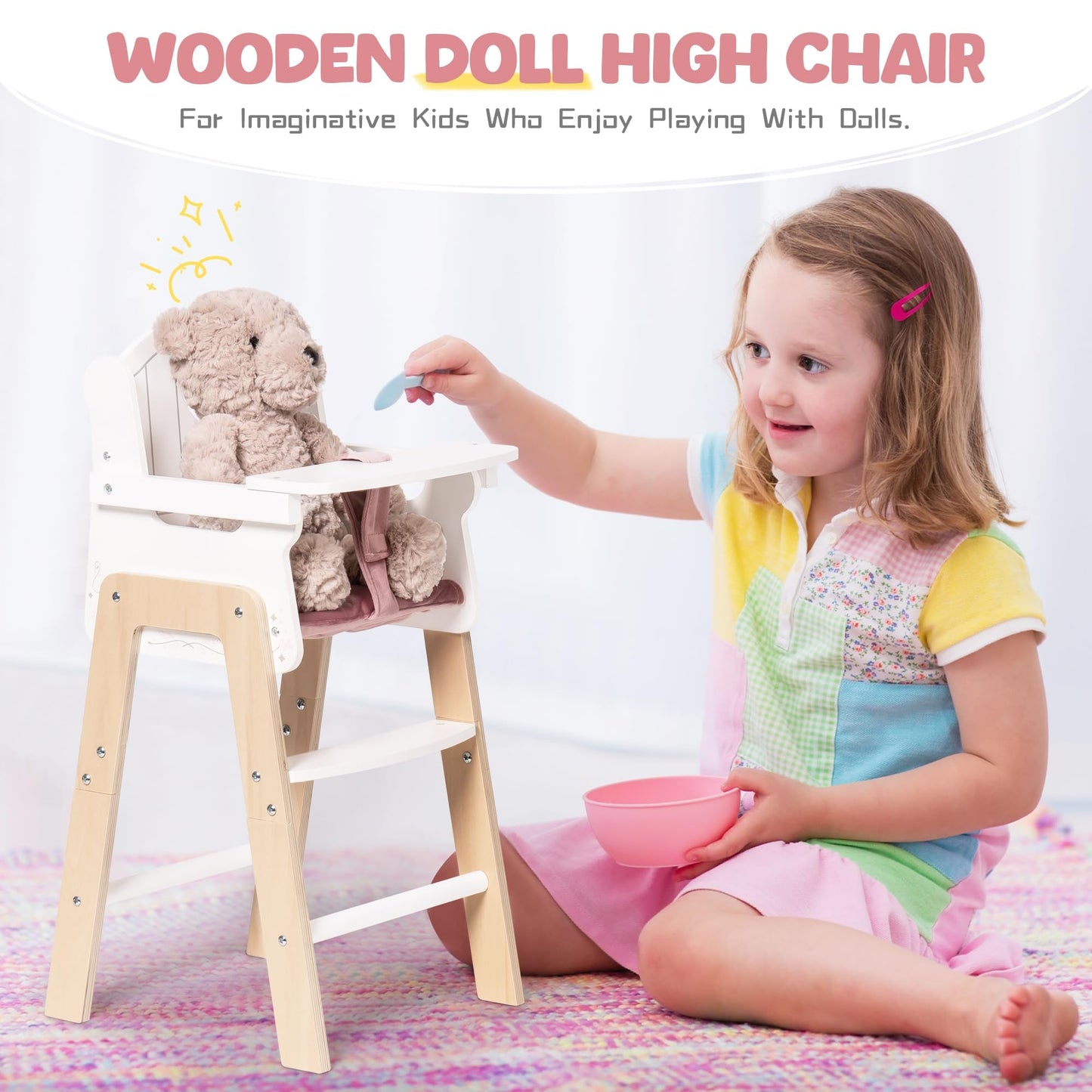 ROBOTIME Wooden Baby Doll High Chair, Pink Wooden Baby Doll Chair for 18 Inch Dolls, Pretend Play High Chair Baby Doll Accessories, Small