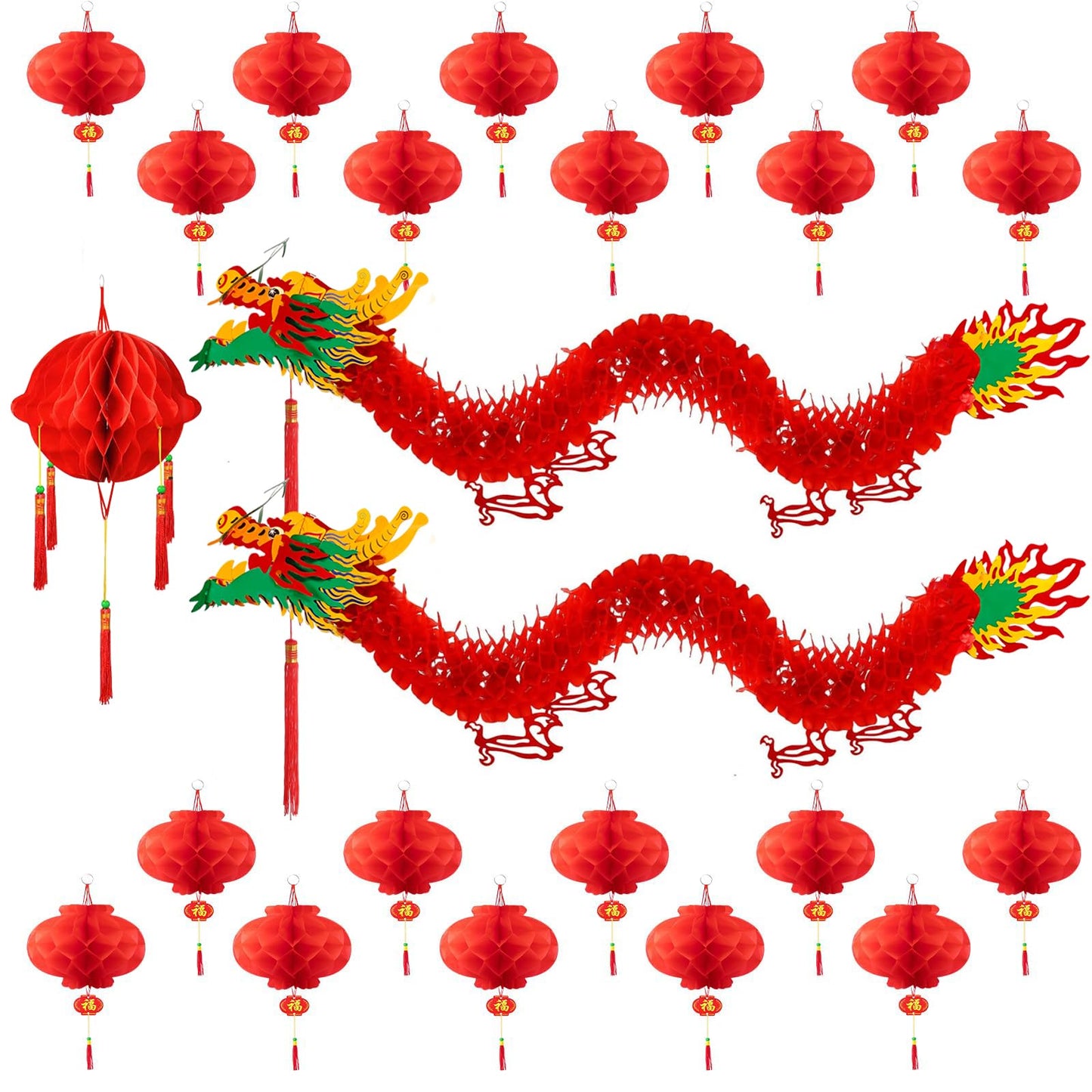 23Pcs Chinese New Year Decorations 2026 with 2 3D Chinese Dragon Decoration and 1 Red Ball and 20 Red Plastic Lanterns for Spring Festival Party Lunar New Year Decorations 2026