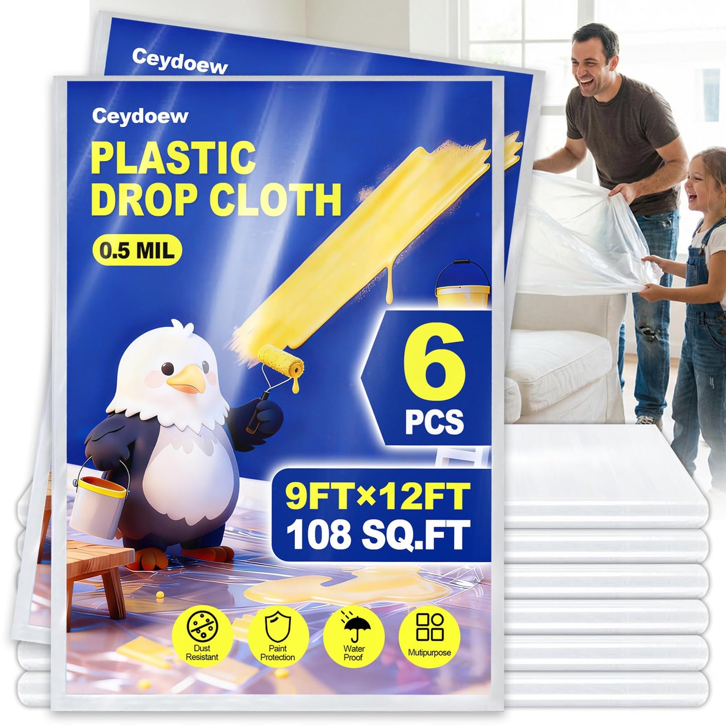6 Pack Premium Plastic Drop Cloths for Painting 9x12ft, Waterproof & Dust-Proof Painters Plastic Drop Cloth, Disposable Plastic Paint Tarp for Home Renovations & DIY Projects