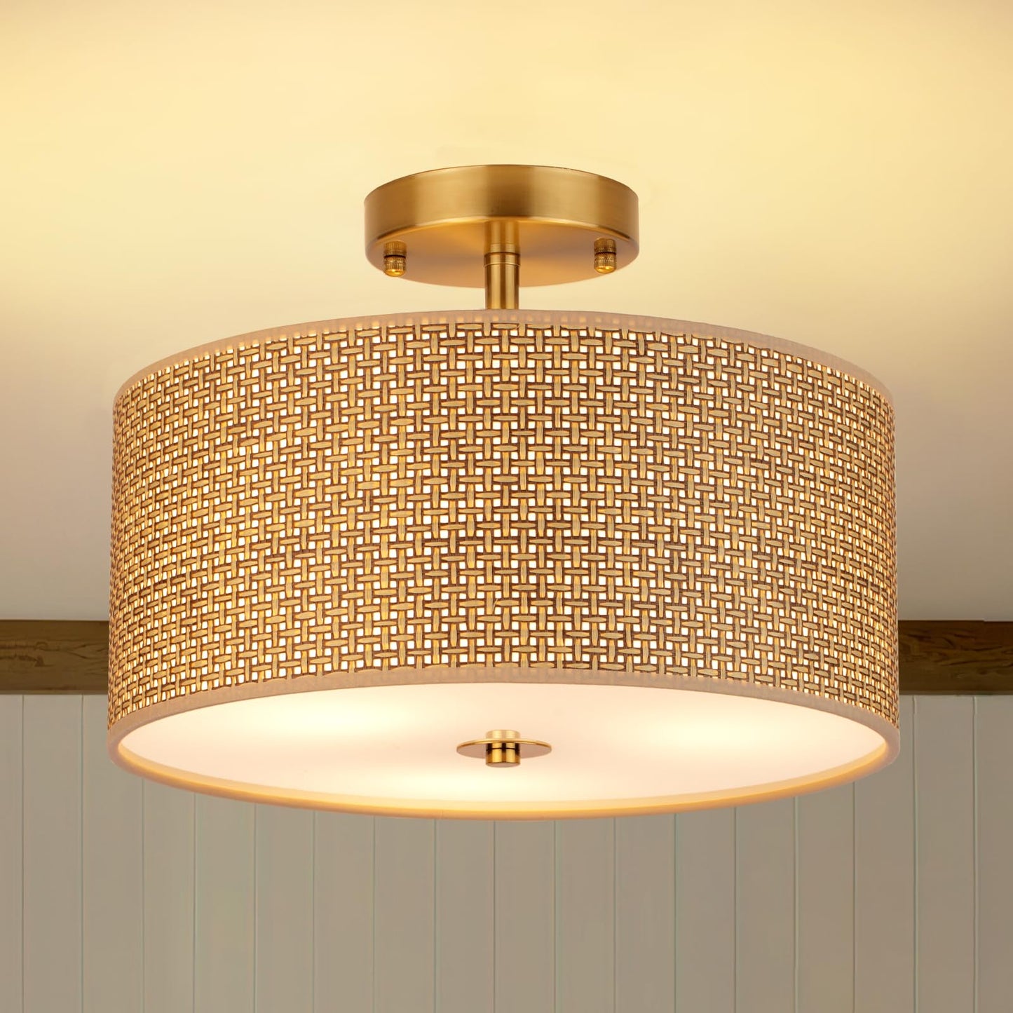 Clarsyne 13 Woven Rattan Boho Ceiling Light Fixture  3-Light Modern Semi Flush Mount Lamp With Drum Fabric Shade  Rustic Brown Lighting For Bedroom  Dining Room  Living Room  Hallway  Entryway