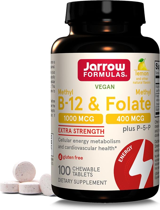Jarrow Formulas MK7, Promotes Bone Health, 90 mcg, 120 Softgels & Extra Strength Methyl B-12 1000 mcg & Methyl Folate 400 mcg + P-5-P, Dietary