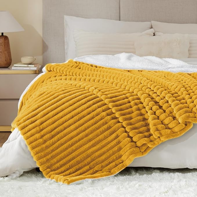INFIIXSO Sherpa Throw Blanket for Couch - Super Soft & Warm Striped Fleece Blanket, Cozy Plush Fluffy Blanket All Season Use (Mustard Yellow, 60x80 Inches)