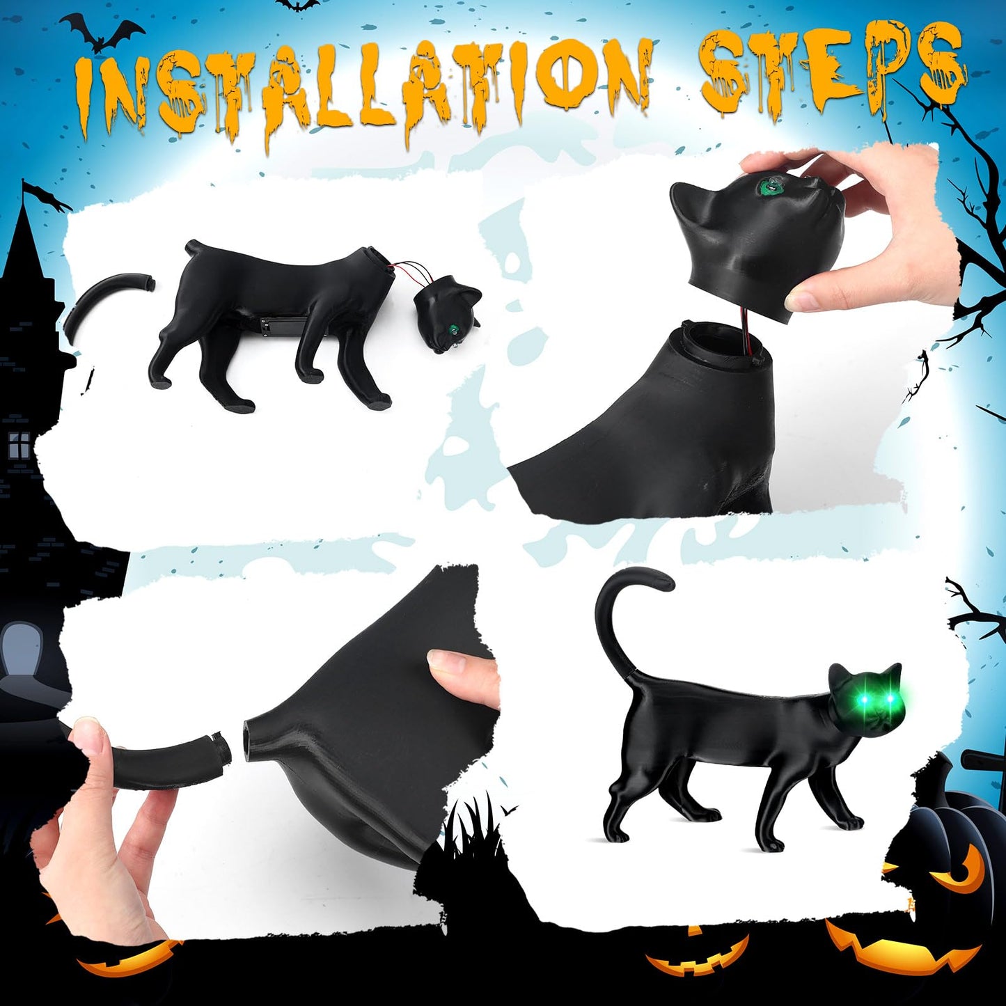 Retisee 2 Pcs Halloween Black Cat Decoration Yard Signs With Green Glowing Eyes 12 Inch Creepy Cat Figurine Animated Light For Indoor Outdoor Halloween Party Decoration Table Centerpieces Spooky Gift