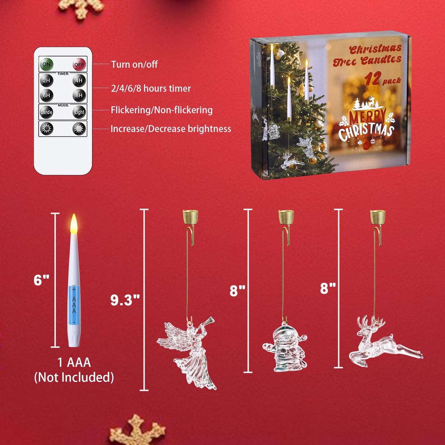 Yeelida Pack of 12 Flickering Remote 0.5" x6" LED Short Taper Candles with Snowman Reindeer Fairy Hooks, Battery Operated Timer Window White Plastic Flameless Candlesticks for Holiday Decor