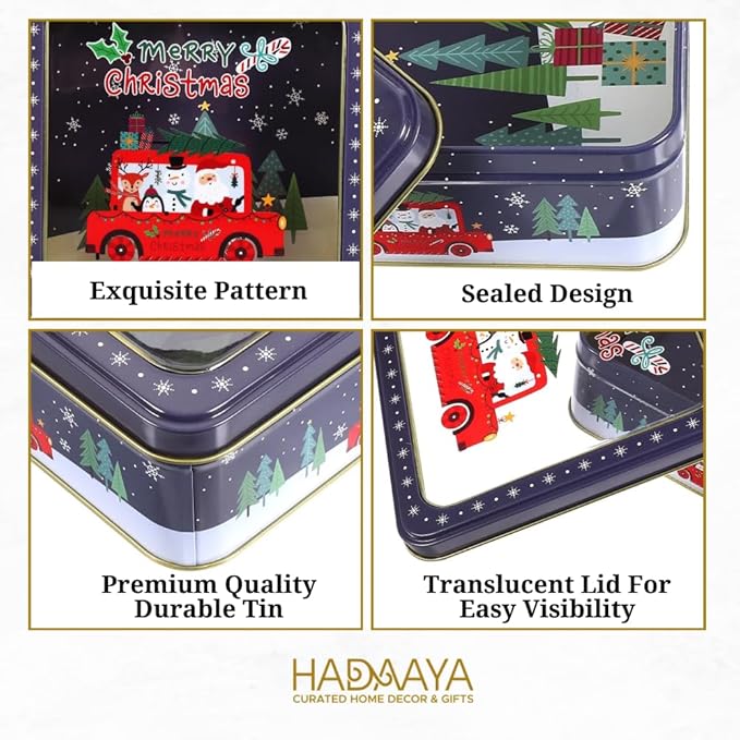 Metal Cookie Tin with Clear Lid 2 Pack – Square Multipurpose Storage Container for Cookies, Candy, Snacks, Chocolate Cake, Crafts – Ideal for Parties & Gift Giving – Merry Christmas Design
