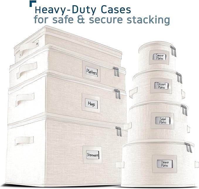 Fine China Storage Containers, 5 Piece Quilted Dish Storage Containers, Mug, Cup, and Plate Dish Organizer with Felt Dividers, Service of 12 Dinnerware Boxes for Moving, Seasonal Organization, Cream