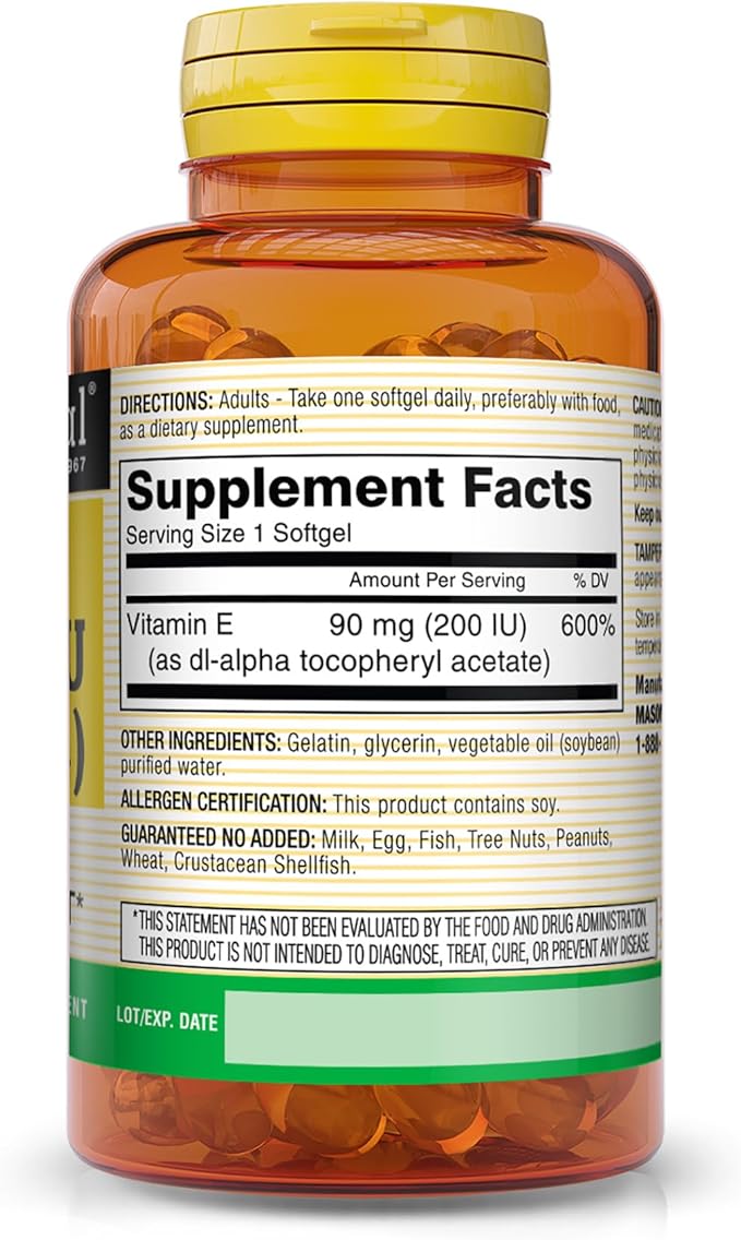 MASON NATURAL Vitamin E 90 mg (200 IU) - Antioxidant and Essential Nutrient, Healthy Immune System, Skin and Eyes, Whole Body Supplement, 100 Softgels (Pack of 3)