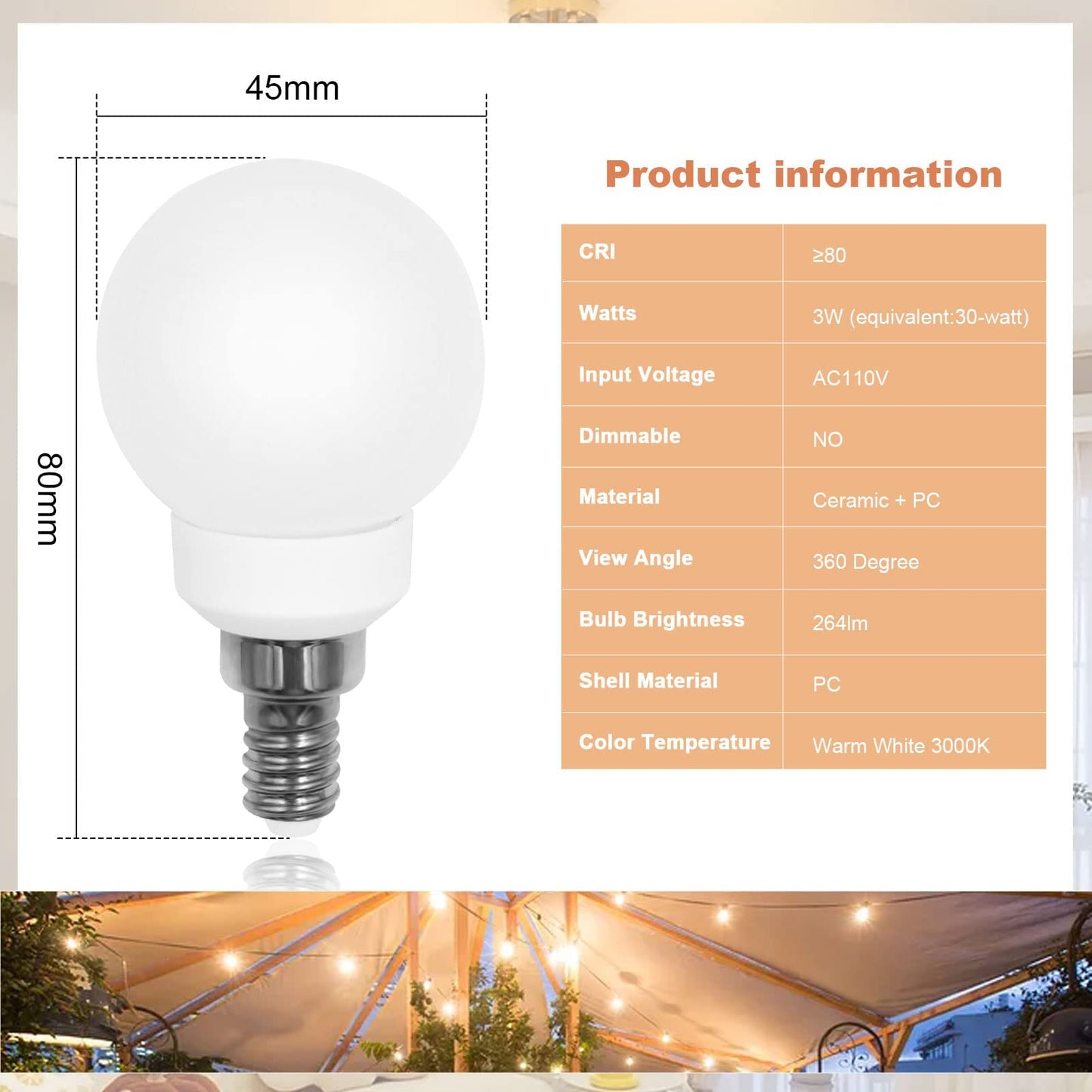 Lflampon Led Light Bulb 3000K Warm White Candelabra E12 Base Lightbulbs 110V 3W G14/G45 Small Bulbs 25W Equivalent 260Lm Vanity And Ceiling Fan Chandelier Landscape Lighting 2-Pack Non-Dimmable