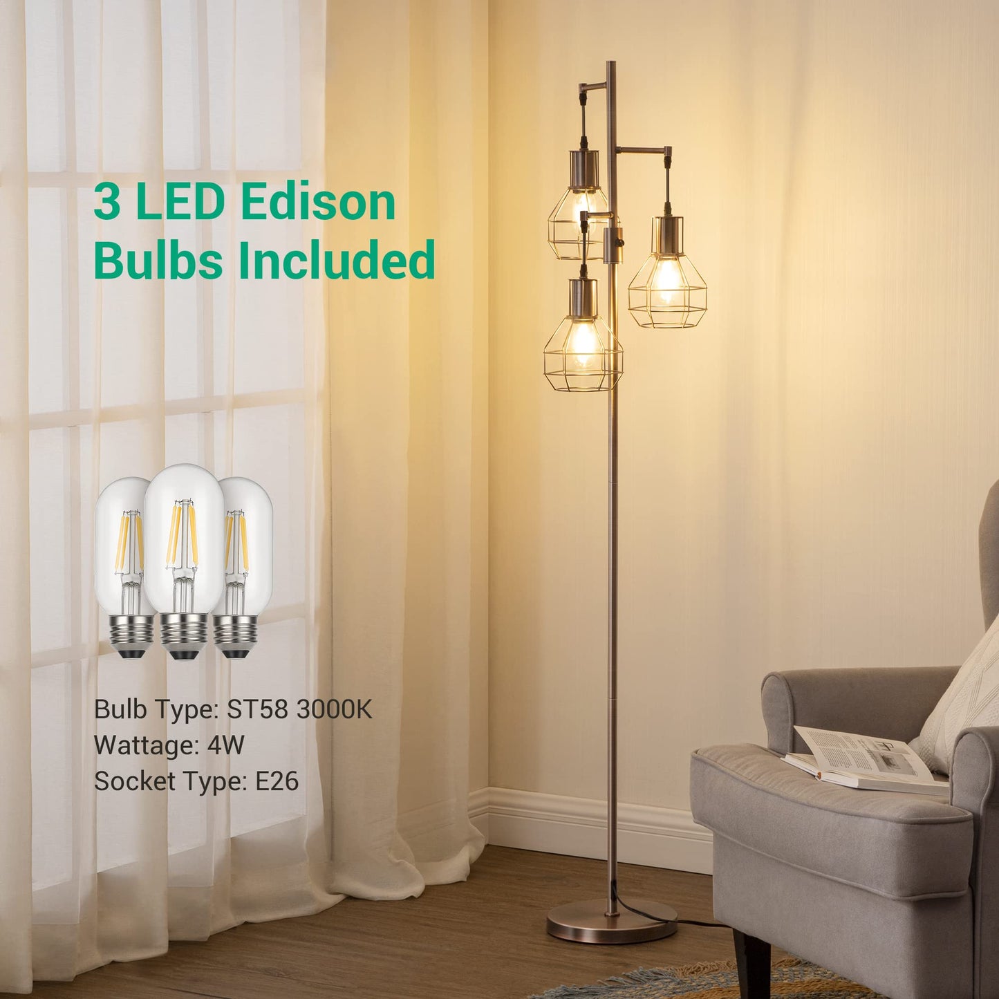 Edishine Dimmable Industrial Floor Lamp, Rustic 65In Metal Standing Light, Brown, Includes 3 Led Edison Bulbs, Perfect For Living Room/Bedroom