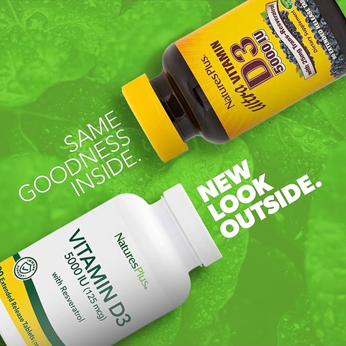 Natures Plus Vitamin D3, Extended Release - 90 Vegan Tablets - 5000 IU + 25 mg Trans-Resveratrol - Heart & Bone Health, Immune System Support, Anti-Aging - Gluten Free - 90 Servings