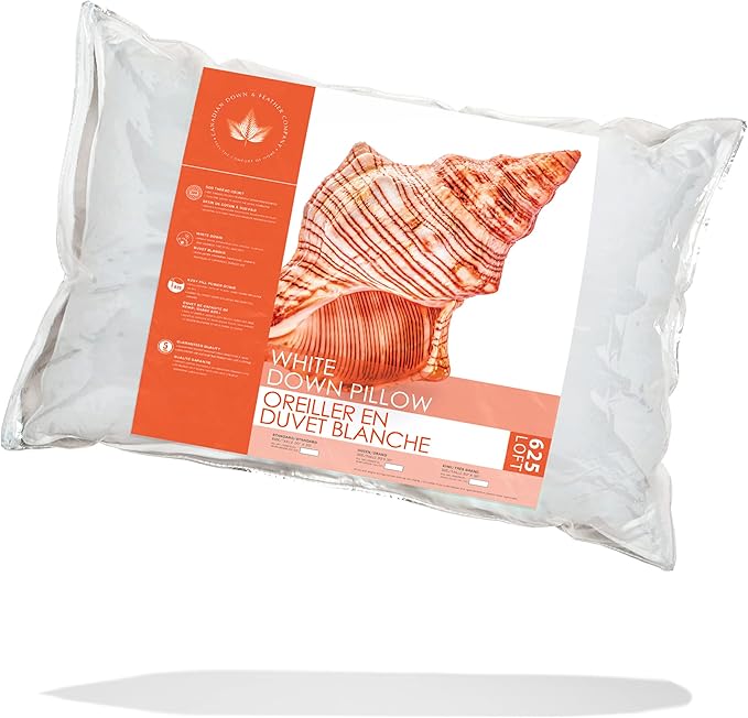 Canadian Down & Feather Co. – Medium 625 Fill Power White Down Sleeping Pillow Queen Size - 500 Thread Count Shell 100% Cotton - Made in Canada