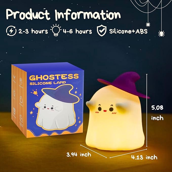 Ghost Night Light: Halloween Decorations Night Light Silicone Rechargeable Night Lamp with 3 Level Dimmable Bedside Lamp Nursery Nightlight Dorm Decor, Funny Holidays Gift Cool Gadgets for Kids