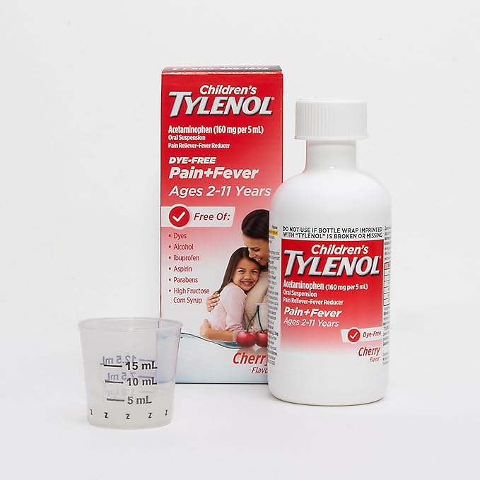 Children's Tylenol Liquid Pain Relief & Fever Medicine, Oral Suspension, Dye-Free, Acetaminophen, No Aspirin, No Ibuprofen, No High Fructose Corn Syrup; Cherry Flavor, 8 fl. oz.; Pack of 1