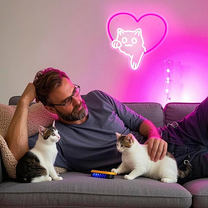 Cat Neon Sign – Cute Pink Heart Cat LED Lights, Dimmable Animal Neon Wall Decor, Cat Lover Gift, Bedroom Wall Art, Living Room, Game Room, Pet Shop, Kawaii Home Accent(12.91 × 13.11 in)