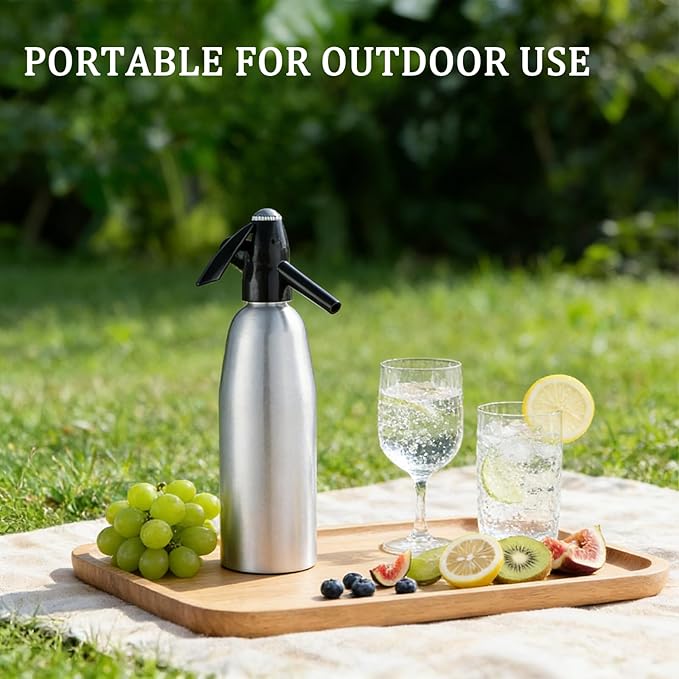 1L Portable Soda Siphon – Aluminum Home Soda Maker, Silver Vintage Seltzer Bottle for DIY Carbonated Drinks, Sparkling Water Maker for Healthy Cocktails, Use 8 gram CO2 Cartridges (Not Included)