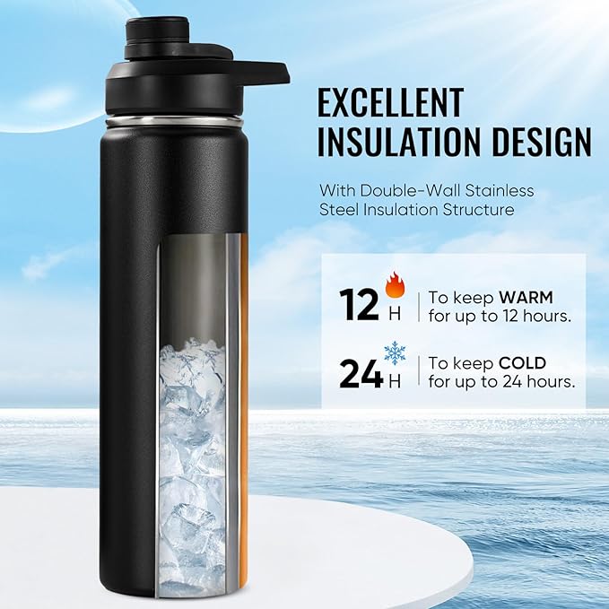 24 oz Insulated Water Bottle with Handle, 304 Stainless Steel Water Bottles with Wide Mouth, Double Wall Vacuum Sports Water Bottle, BPA Free, Keep Cold and Hot, Black