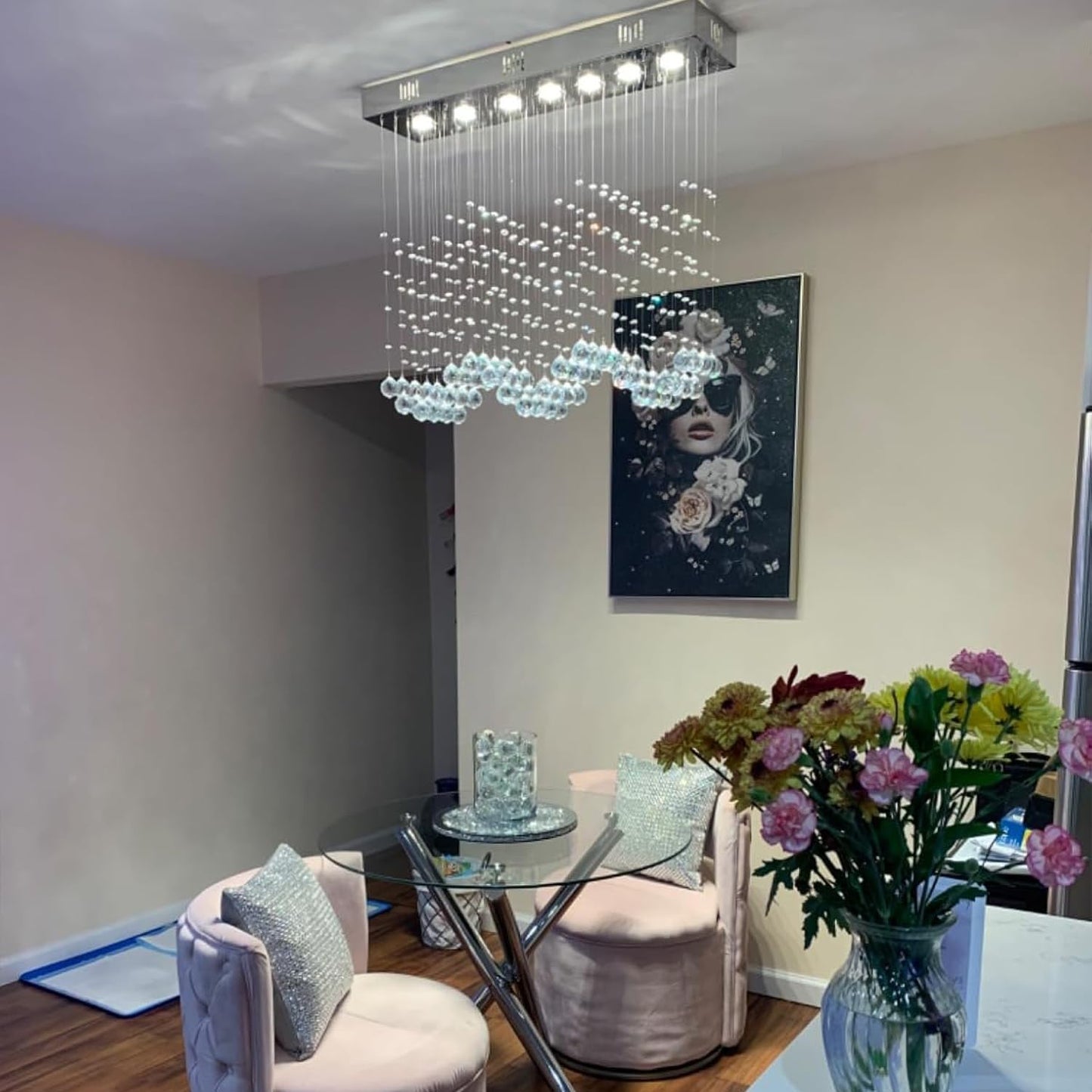 Crystop Contemporary Rectangular Chandelier, 7-Light Raindrop Pendant, 23.6X9.8X27.6, Silver, Crystal Ceiling Light For Dining Room/Kitchen