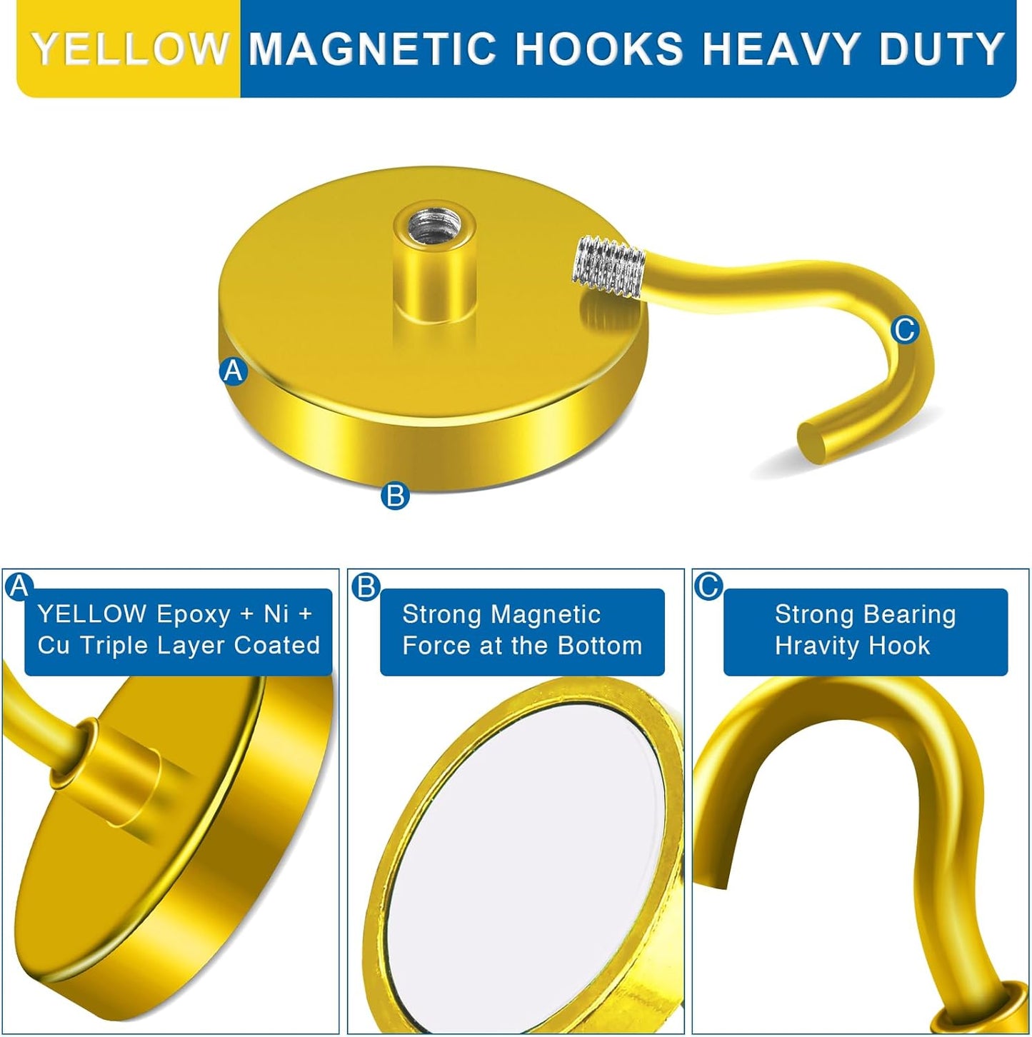 LOVIMAG Magnetic Hooks Heavy Duty, 120LBS Strong Magnetic Hook Cruise for Hanging, Yellow Magnets with Hook for Refrigerator, Grill, Garage, Tool Room, Kitchen, Locker, Metal Door, Home Etc- 4 Pack