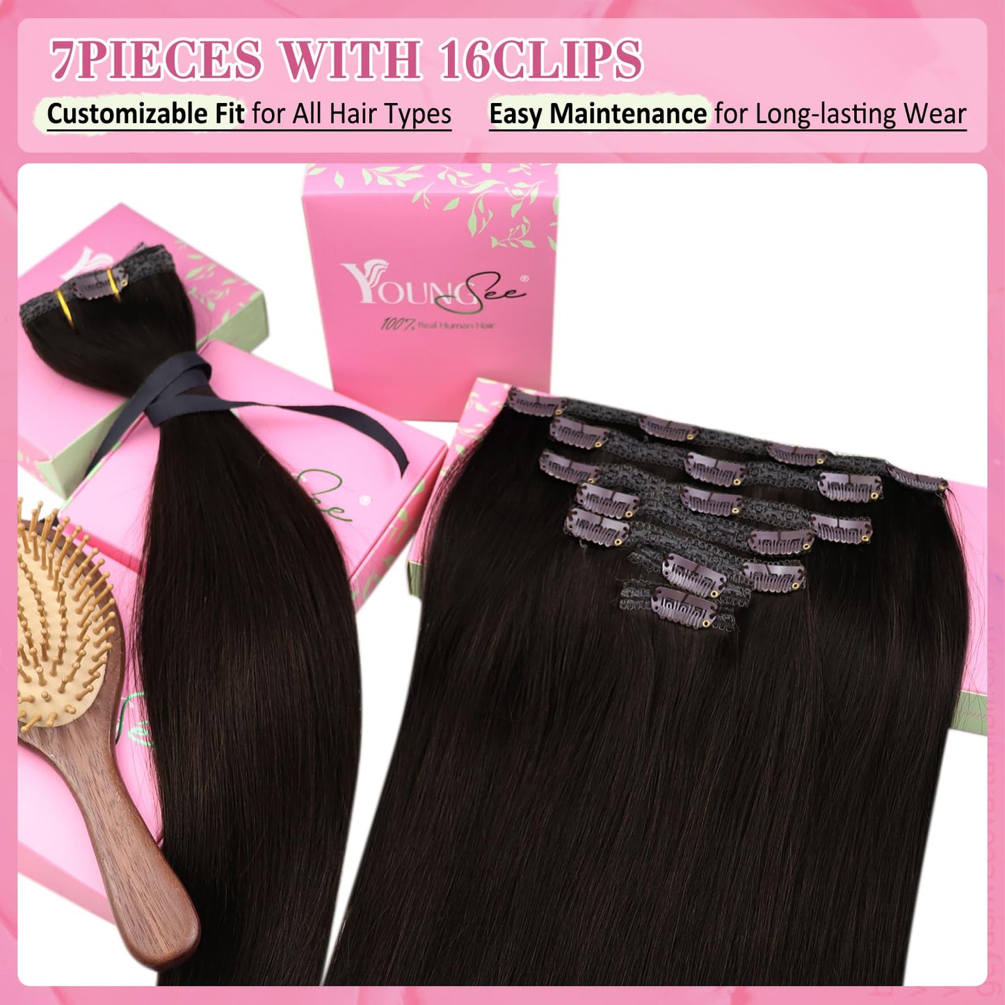 YoungSee 135G Clip in Hair Extensions Darkest Brown Lace Clip in Extensions Brown Easy to Blend with Natural Hair 18Inch 7Pcs