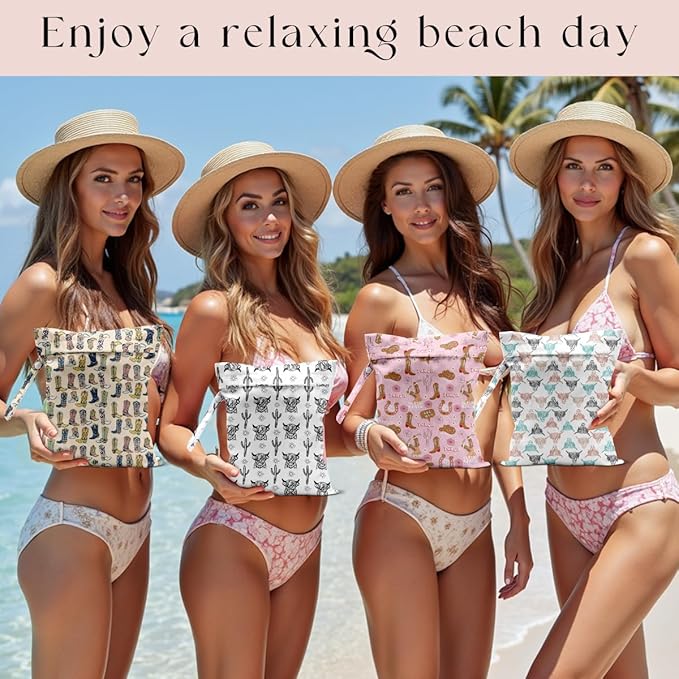 4Pcs Waterproof Wet Bag for Swimsuit, Travel Beach Wet Dry Bag, Hidden Zipper Reusable Western Cowgirl Decor, for Travel Beach Wet Swimsuits Toiletries Diapers Laundry Bag