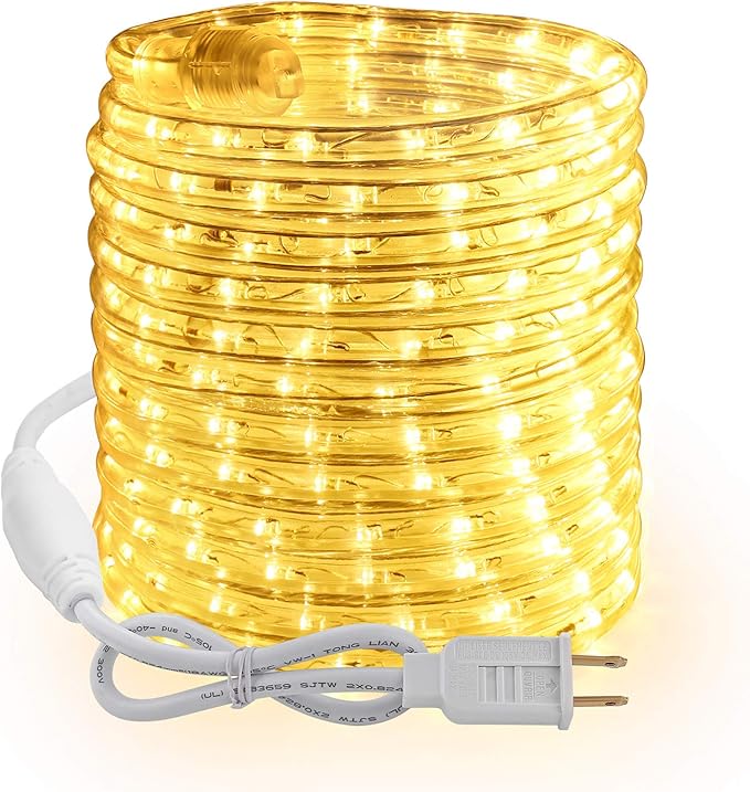 Brizled Warm White Rope Lights, 18ft 216 LED Rope Lights Waterproof, 120V Plugin White Christmas Light Connectable with Cl...