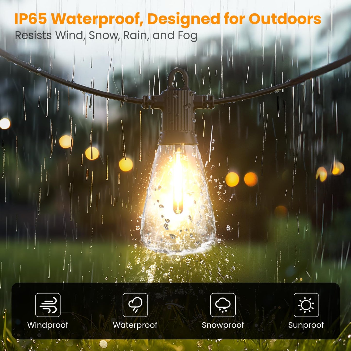 Kawaya Outdoor String Lights - 50FT Dimmable IP64 Waterproof LED Edison Lights for Patio, Black, Model YAST38-50FT-25US