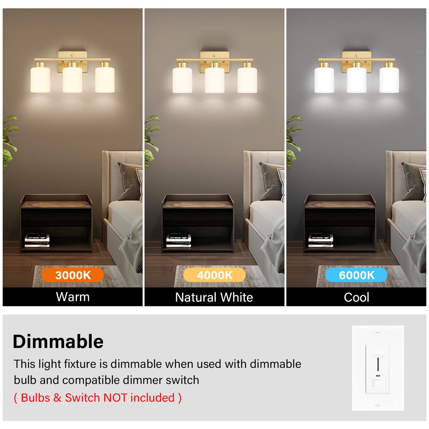 FonmYim Gold Bathroom Light Fixtures, 3-Light Modern Vanity Light Over Mirror, Wall Sconces with Milky White Frosted Glass Shades, E26 Socket (Bulbs Not Included)