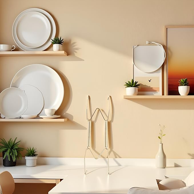 Gold Plate Dish Hanger Dismountable Wall Display Securing Clip W Type Dish Spring Holder Invisible Hook Home Decor Vertical Plate Holders (7 Inch)