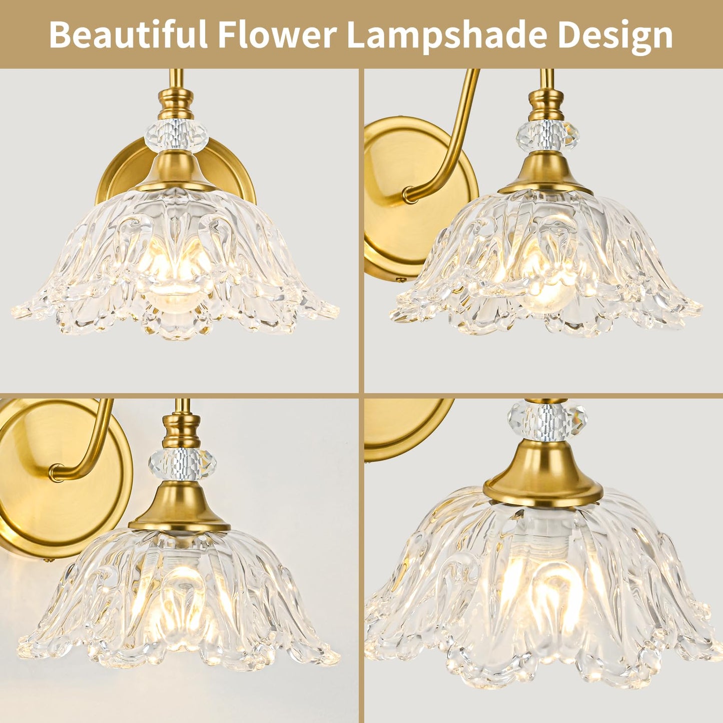 Sunkryster 1 Piece Gold Wall Sconce With Floral Clear Glass Shade  Brushed Gold Finish Wall Mount Lighting For Bathroom Vintage Bathroom Vanity Light Fixtures