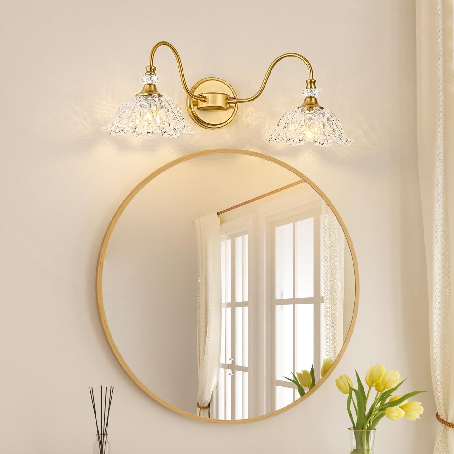 Sunkryster Gold Bathroom Vanity Light  2-Light Brushed Gold Finish Vanity Light With Floral Clear Glass Shades  Retro Wall Mount Lighting For Bathroom  Dressing Table