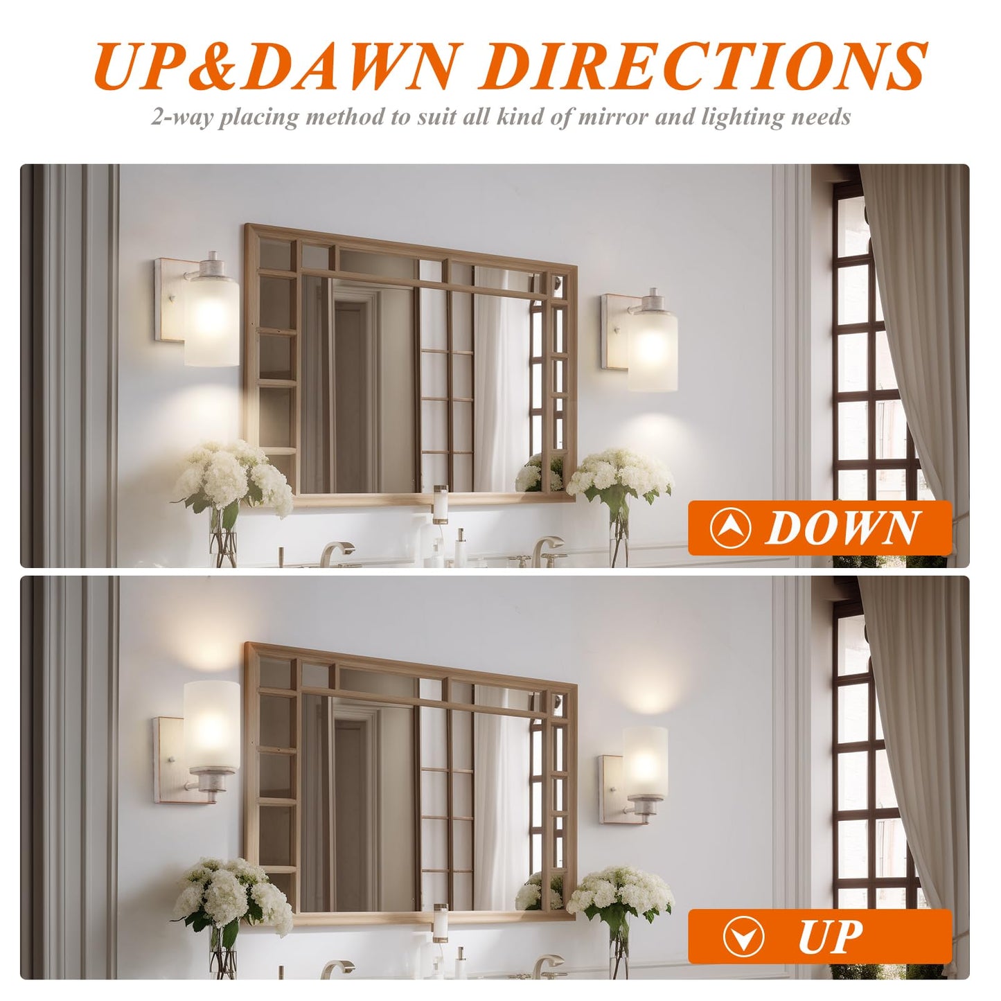 Eidonta Bath Vanity Light Fixture, Modern Wall Sconce, Opal White Glass Shade, 2 Pack, White Gold