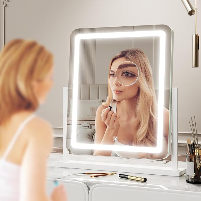 Makeup Vanity Mirror with Lights 15.2" Large LED Lighted Mirror, Hollywood Make Up Mirror with Lighting for Bedroom Tabletop, Smart Touch, Detachable 10X Magnification 360° Rotation, (Black)