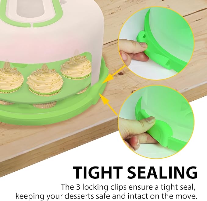 Green Plastic Cake Carrier with Lid and Handle, 4 in 1 Multipurpose Cupcake Holder Stand Platter for 10'' Cake, Portable Dessert Storage Container Box with Cover for Pie Pizza Eggs Fruit Snack