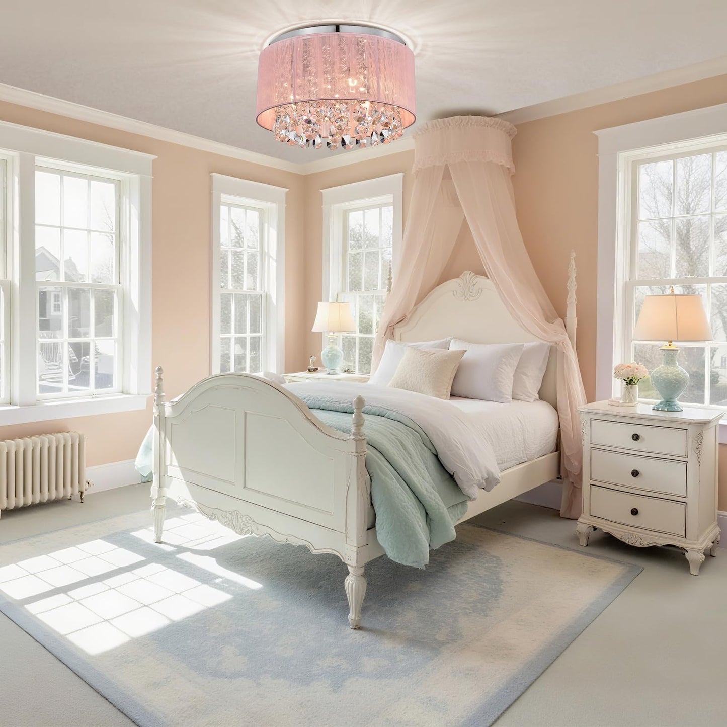 LaLuLa Pink Chandelier, 4-Light Flush Mount Ceiling Light, Metal, 18in, Modern Princess Style for Girls Bedroom, Model 17170PK