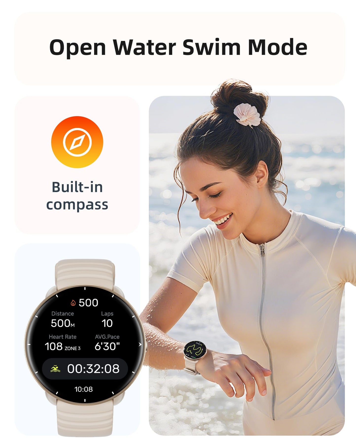 Parsonver Swimming Smart Watch, 5ATM Waterproof for Pool & Open Water, Built-in GPS & Compass, AMOLED Fitness Tracker with 100+ Sports Modes, Heart Rate & Sleep Monitor, AI Swim Analysis, French Grey