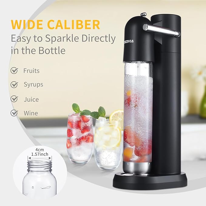 Sparkling Water Machine Soda Maker Beverage Drink Dispenser for Home, Soda Streaming Maker with BPA Free Bottles(1L+0.5L), Seltzer Fizzy Maker Compatible with Screw-in 60L CO2 (NOT Included), Black