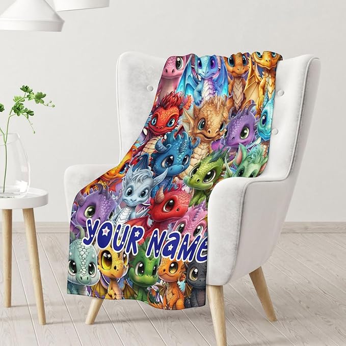 Custom Dragon Blanket Gifts with Name - 40x50 Inches Funny Throw Blanket for Babies, Kids, Boys & Girls - Colorful Soft Fuzzy Blankets for Couch, Sofa & Bed
