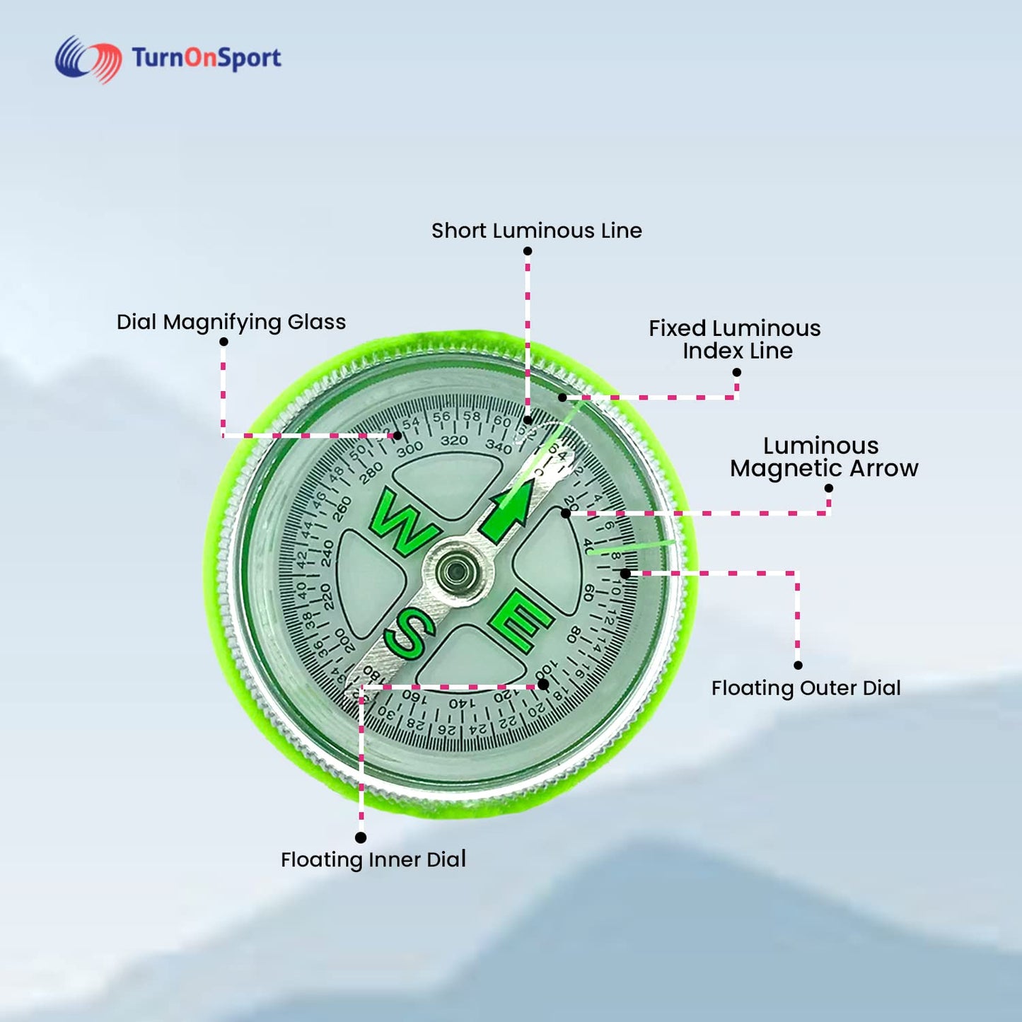 Turnonsport Lensatic Compass - Hiking & Camping Navigation - Orienteering & Map Reading - Boy Scout & Professional Field Compass